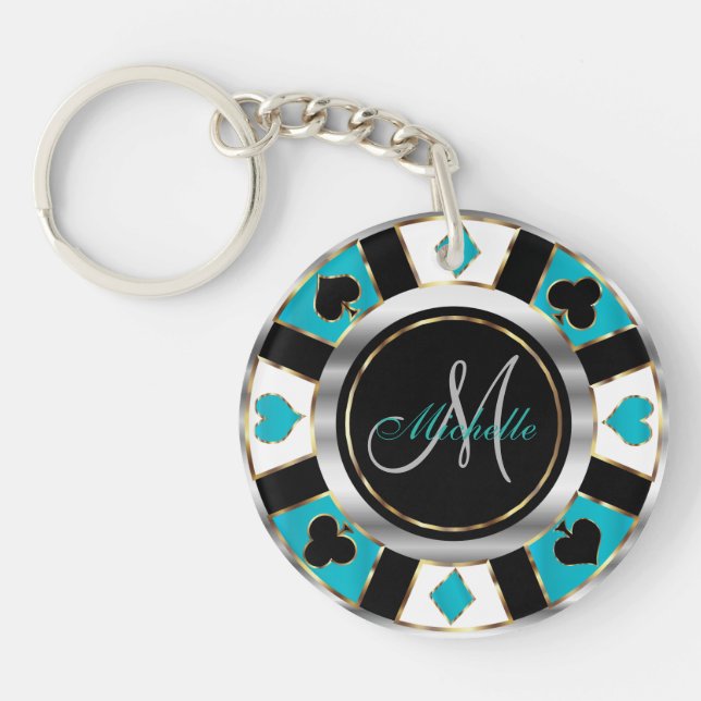 Silver and Turquoise Poker Chip Design - Monogram Keychain (Front)