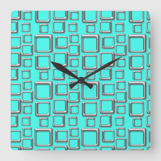 Silver and Turquoise Retro Pattern Square Clock (Front)