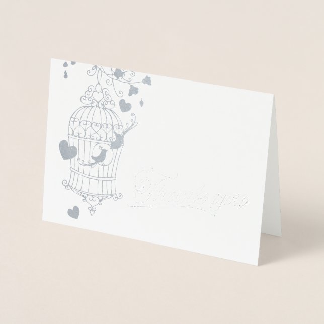 Silver and white birdcage wedding thank you card (Front)