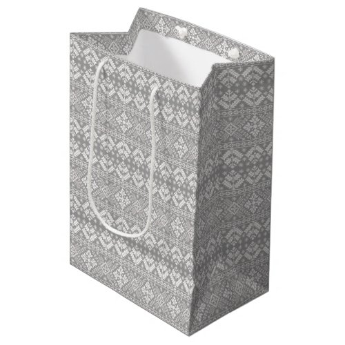 Silver and White Christmas Fair Isle Pattern Medium Gift Bag