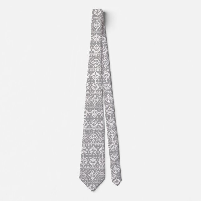 Silver and White Christmas Fair Isle Pattern Neck Tie (Front)