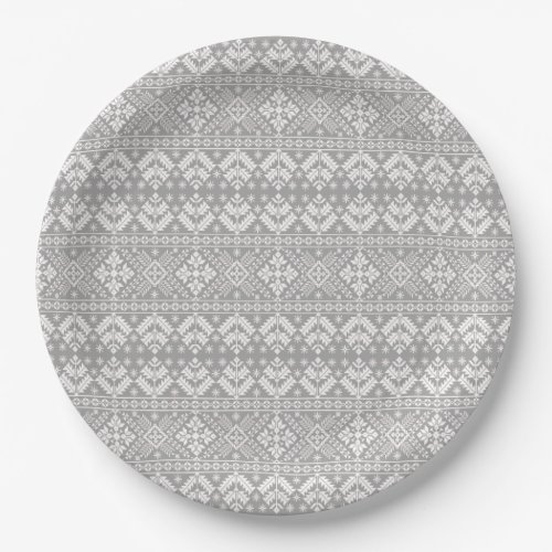 Silver and White Christmas Fair Isle Pattern Paper Plates