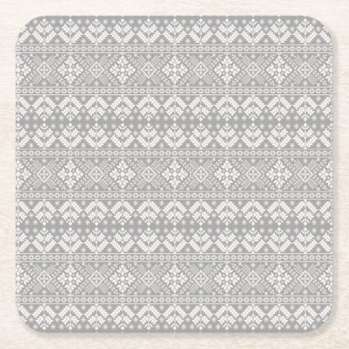 Silver and White Christmas Fair Isle Pattern Square Paper Coaster