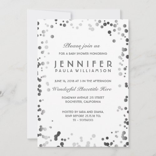 Silver and White Confetti Dots Vintage Baby Shower Invitation - White and silver confetti elegant modern baby shower invitation