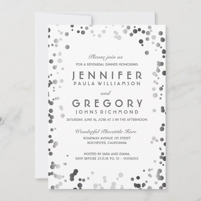 Silver and White Confetti Vintage Rehearsal Dinner Invitation (Front)