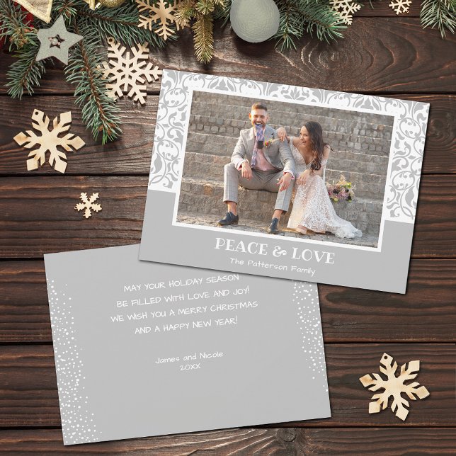 Silver and White Damask Christmas Photo Holiday Card (Silver grey and white damask design Christmas photo holiday cards, PRINTED and/or INSTANT DOWNLOAD)