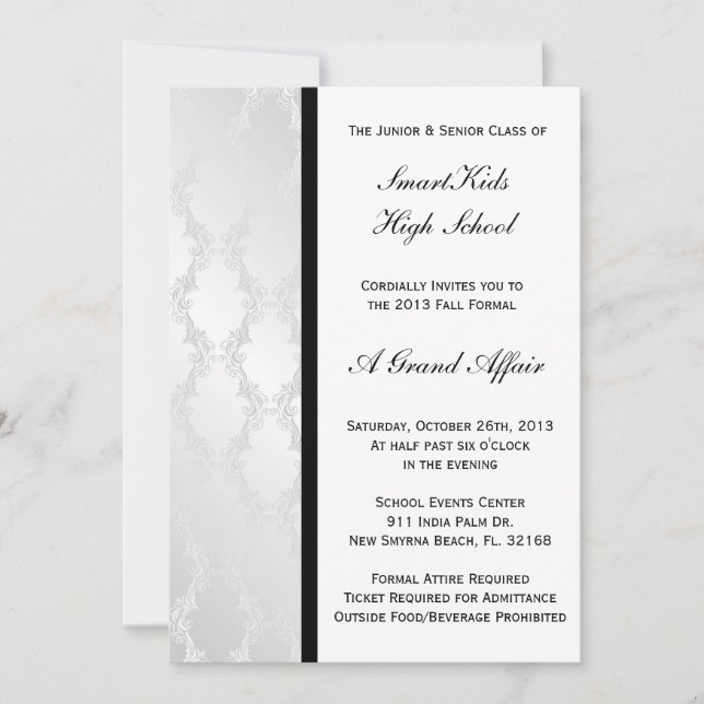 Silver and White Damask School Prom or Formal Invitation (Front)