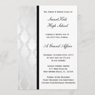 Silver and White Damask School Prom or Formal Invitation