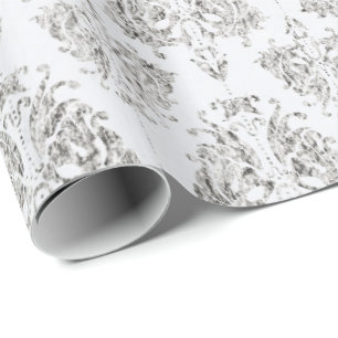 Silver And White Damask Wrapping Paper