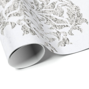 Silver And White Damask Wrapping Paper