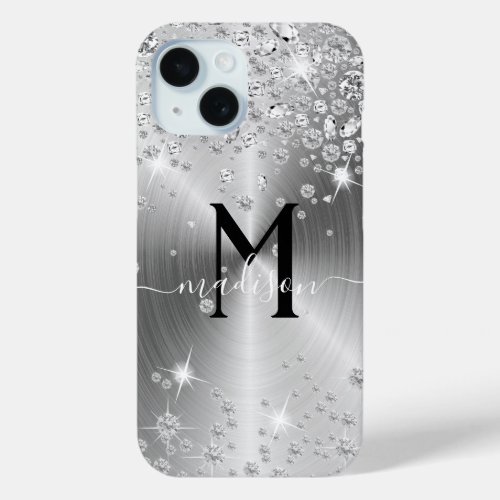 Silver and White Diamonds _ Personalized iPhone 15 Case