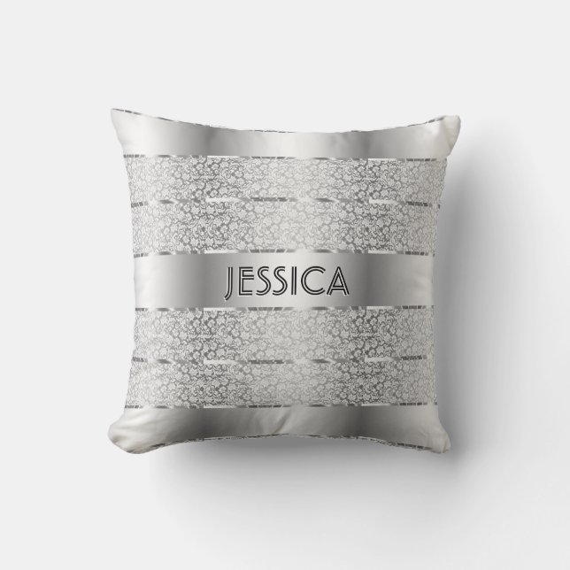 Silver And White Floral Pattern Stripes Throw Pillow (Front)