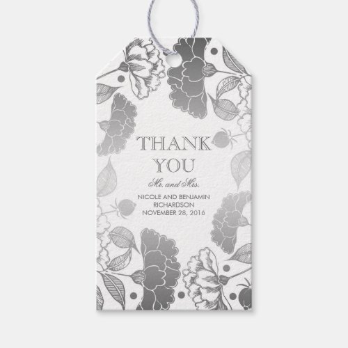 Silver and White Floral Wreath - Peonies Wedding Gift Tags - Silver peonies wreath elegant wedding and/or special party tags