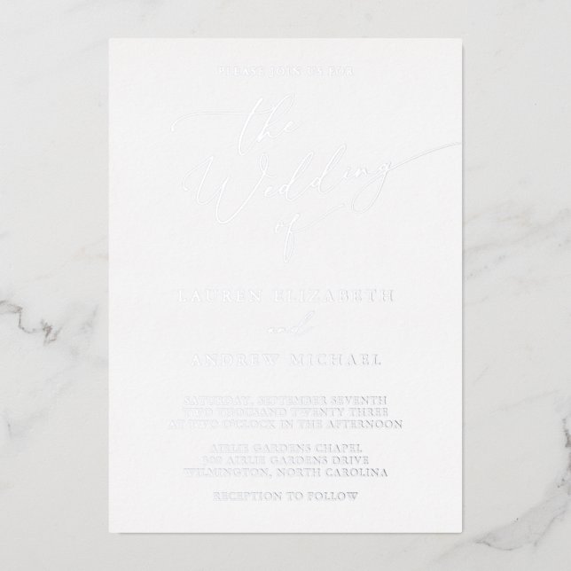 Silver and White Foil Minimalist Wedding Foil Invitation (Front)