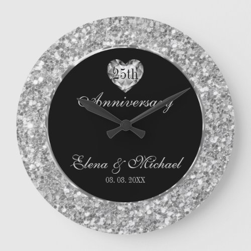 Silver And White Glitter And Heart Large Clock