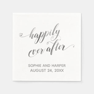 Silver and White Happily Ever After, Hearts Script Napkins