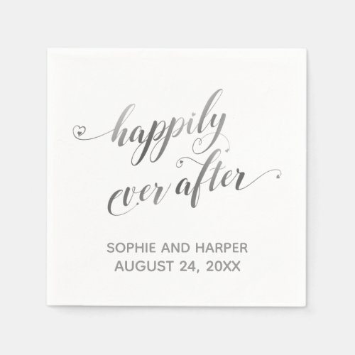 Silver and White Happily Ever After Hearts Script Napkins