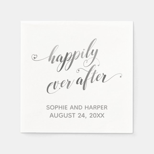 Silver and White Happily Ever After, Hearts Script Napkins (Front)