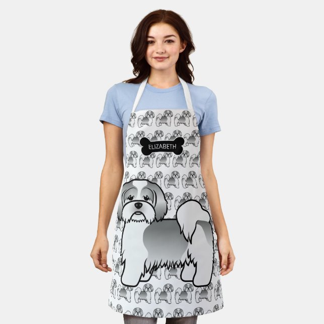 Silver And White Lhasa Apso Cartoon Dog & Name Apron (Worn)