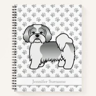 Silver And White Lhasa Apso Cartoon Dog & Name Notebook