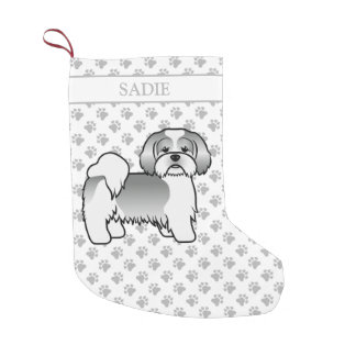 Silver And White Lhasa Apso Cartoon Dog &amp; Name Small Christmas Stocking