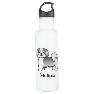 Silver And White Lhasa Apso Cartoon Dog &amp; Name Stainless Steel Water Bottle