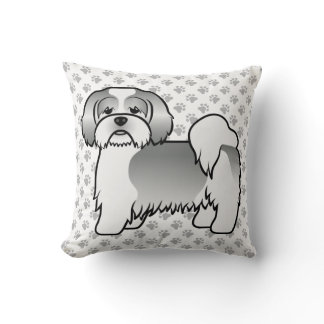 Silver And White Lhasa Apso Cartoon Dog &amp; Paws Throw Pillow