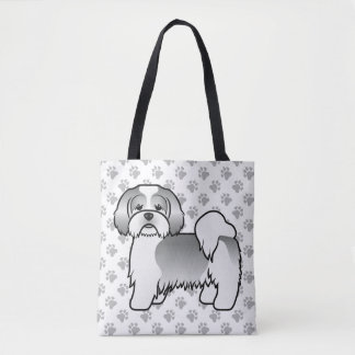 Silver And White Lhasa Apso Cartoon Dog &amp; Paws Tote Bag