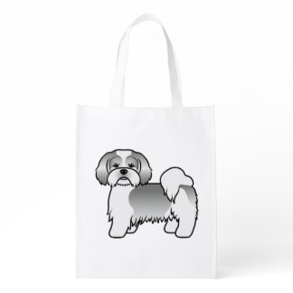 Silver And White Lhasa Apso Cute Cartoon Dog Grocery Bag