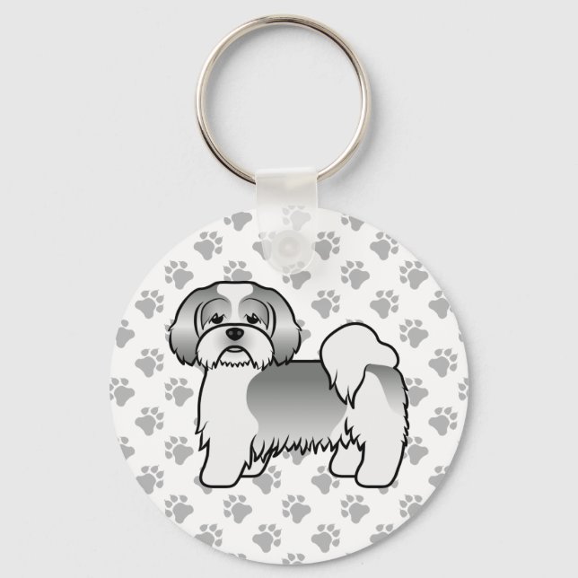 Silver And White Lhasa Apso Cute Cartoon Dog Keychain (Front)
