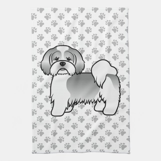 Silver And White Lhasa Apso Cute Cartoon Dog Kitchen Towel (Vertical)