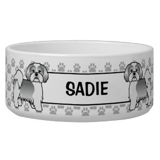 Silver And White Lhasa Apso Dog With Paws &amp; Name Bowl