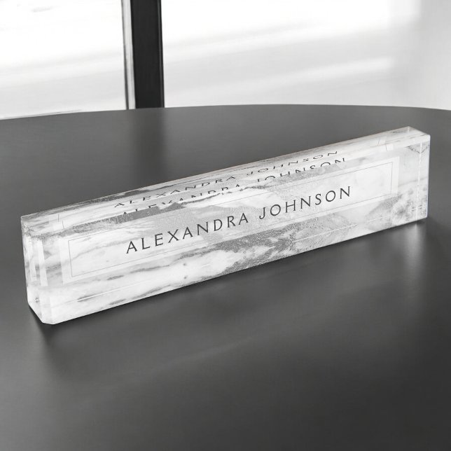Silver and White Marble Professional Modern Desk Name Plate (Creator Uploaded)