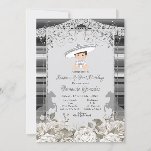 Silver and White Mexican Baptism  First Birthday Invitation