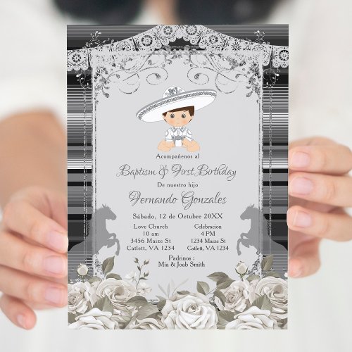 Silver and White Mexican Baptism  First Birthday Invitation