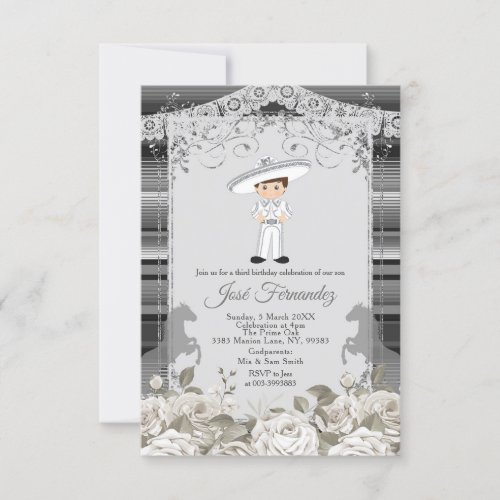 Silver and White Mexican Boy Third Birthday Invitation