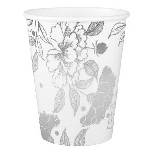 Silver and White Peonies Pattern Elegant Wedding Paper Cup - Silver peonies elegant white wedding paper cups