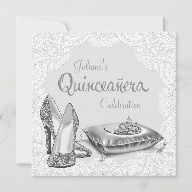 Silver and White Princess Quinceanera Invitation (Front)