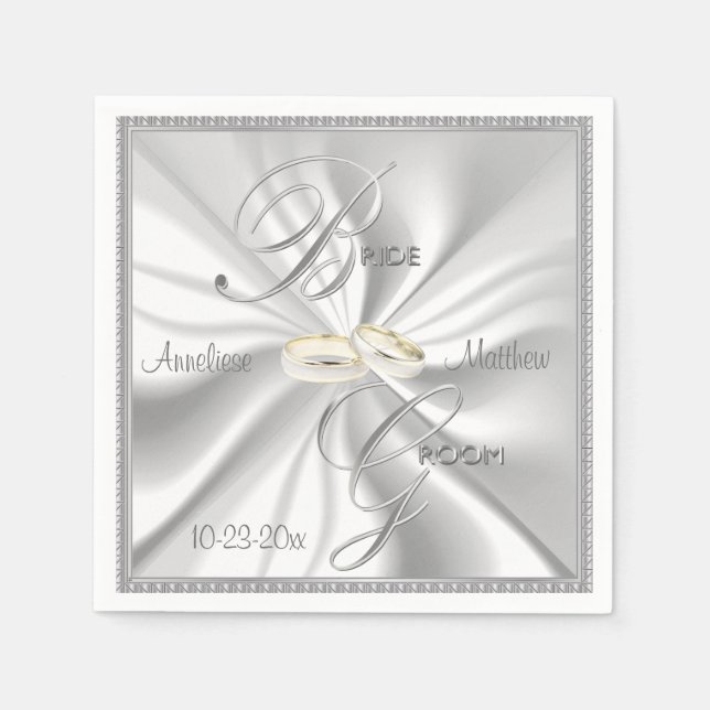 Silver and White Satin Wedding Paper Napkins (Front)