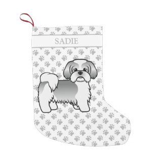 Silver And White Shih Tzu Cartoon Dog &amp; Name Small Christmas Stocking