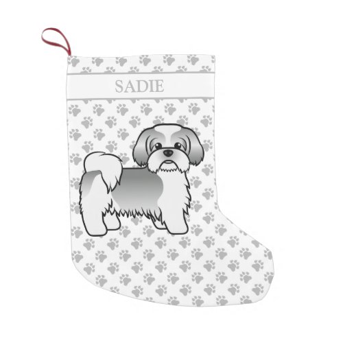 Silver And White Shih Tzu Cartoon Dog  Name Small Christmas Stocking