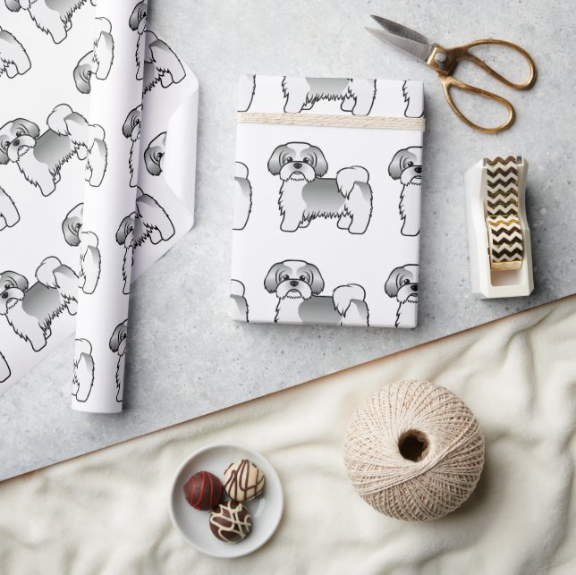 Silver And White Shih Tzu Cartoon Dog Pattern Wrapping Paper (Crafts)