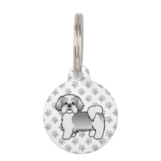 Silver And White Shih Tzu Cartoon Dog & Pet's Info Pet ID Tag
