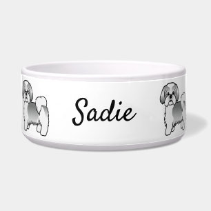 Silver And White Shih Tzu Cute Cartoon Dog & Name Bowl
