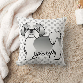 Silver And White Shih Tzu Cute Cartoon Dog &amp; Paws Throw Pillow