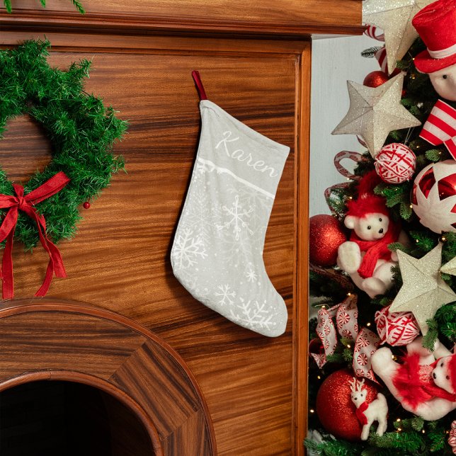 Silver and white snowflakes name Christmas Large Christmas Stocking (Silver and white snowflakes name Christmas Large Christmas Stocking)