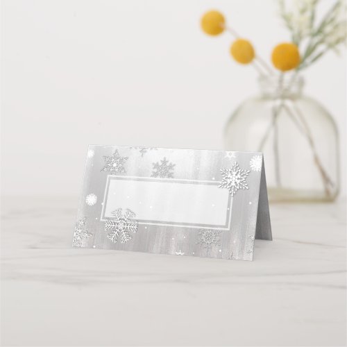 Silver and White Winter Wedding Folded Place Card