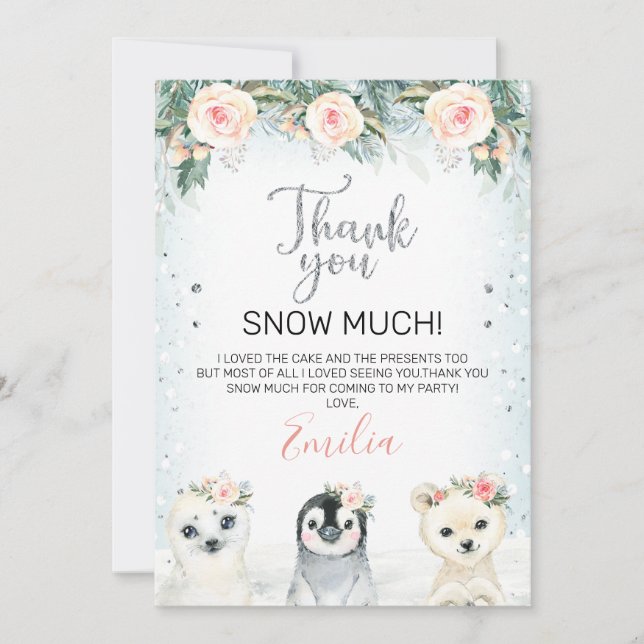 Silver and Winter Animals Birthday Thank You Card (Front)