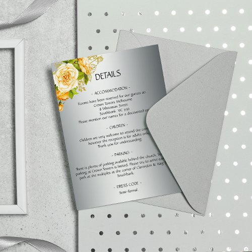 Silver and Yellow Roses Wedding Details Enclosure Card