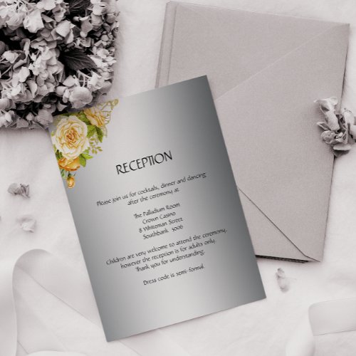 Silver and Yellow Roses Wedding Reception Card